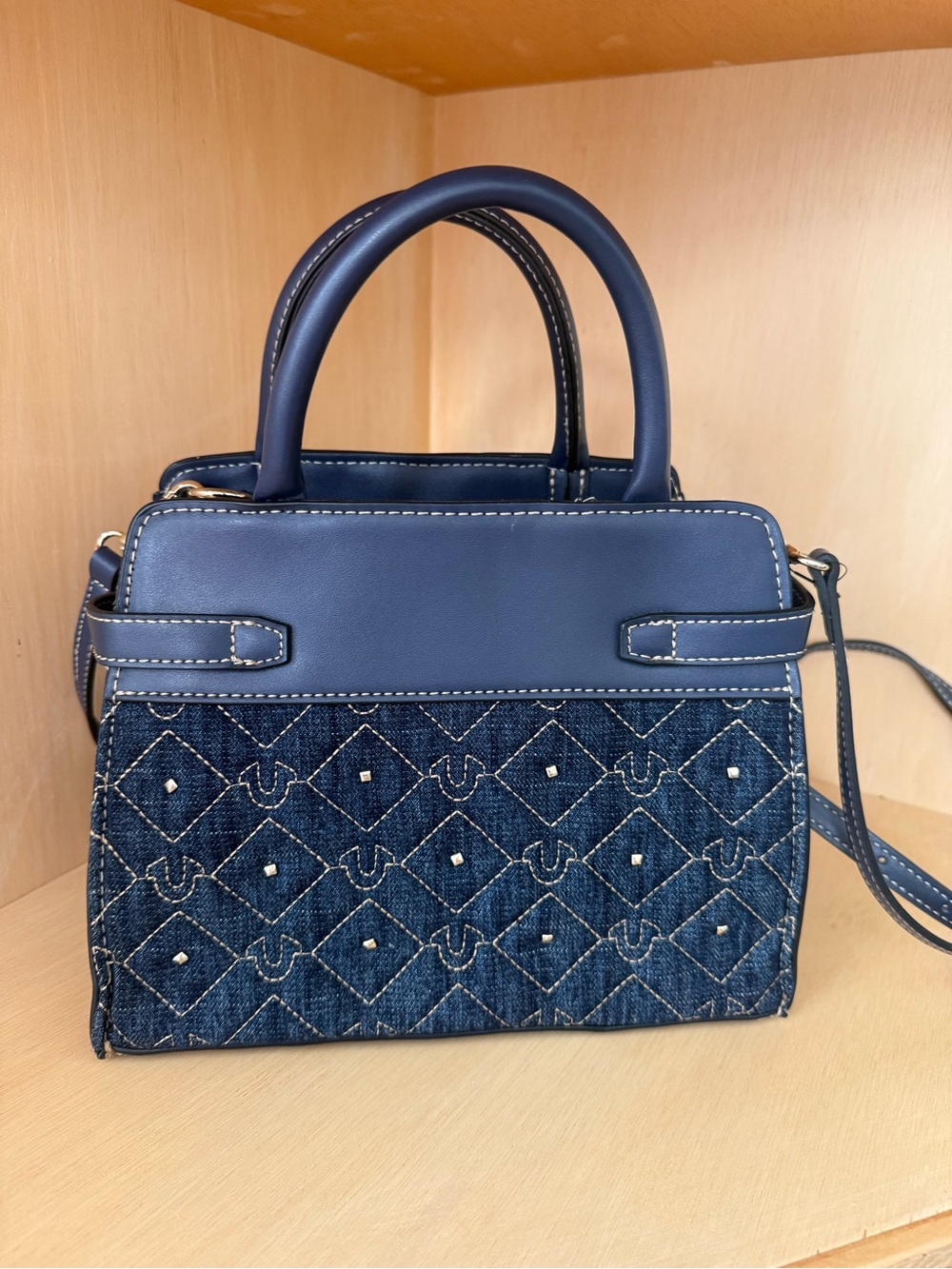 True Religion Denim Quilted Satchel Crossbody Bag Horseshoe Studded - Picture 3 of 8